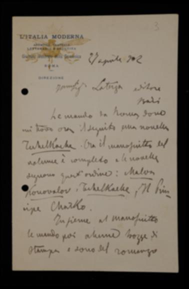 Nella lettera, Nino De Sanctis informa Laterza che sta per spedire l'ultima novella e che l'edizione è completa. Avverte che sta spedendo anche alcune bozze di stampa della sua traduzione di un romanzo sempre di Gorʹkij in uscita presso Treves e chiede quale sia il suo compenso.