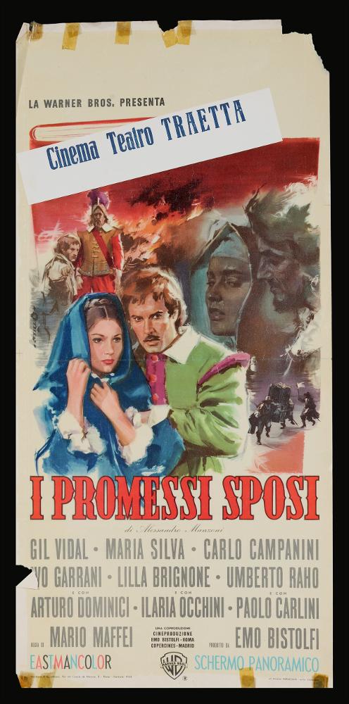 L'immagine riproduce uno dei manifesti conservati presso la Mediateca Regionale Pugliese (vedi Note). Si tratta di una delle locandine del film “I Promessi Sposi” del 1963 per la regia di Mario Stefano Maffei a firma dell'illustratore veneto Angelo Cesselon. La composizione è suddivisa in più momenti narrativi, ne distinguiamo almeno quattro, tutti accomunati dalla presenza di soli due soggetti. Emerge anche in questa locandina lo stile inconfondibile dell’artista, caratterizzato da un «cromatismo vibrante e dinamico» e la sua predilezione per i colori acquerellati e l’accostamento di colori dai toni decisi. Molto intensi i volti dei protagonisti e la cura nei dettagli utilizzati. Nella collezione, sempre a firma di Cesselon, è presente il manifesto del film....