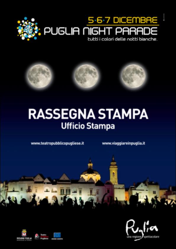 Il documento è la rassegna stampa realizzata dall'ufficio stampa della Regione Puglia in occasione di "Puglia Night Parade", spettacolare evento promosso dall'Assessorato al Turismo della Regione Puglia ed organizzato da Teatro Pubblico Pugliese tra il 5 e il 7 dicembre del 2008 in otto piazze pugliesi. La rassegna raggruppa in un unico documento tutti gli articoli che, pubblicati sulle principale testate giornalistiche regionali tra il 2 novembre 2008 e il 26 gennaio 2009, raccontano le diverse manifestazioni organizzate nelle città di Bari, Taranto, Brindisi, Lecce, Barletta, Andria ed Alberobello.