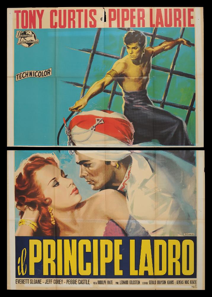 Il principe ladro (The Prince Who Was a Thief) è un film del 1951 di produzione statunitense diretto da Rudolph Maté, con la sceneggiatura di Gerald Drayson, AdamsTheodore Dreiser ed Æneas MacKenzie. Tra gli interpreti principali ricordiamo Tony Curtis, Piper Laurie ed Everett Sloane.
Il manifesto cinematografico è firmato dal celebre pittore di cinema DeAmicis (Aldo De Amicis). Illustratore romano, iniziò la sua carriera come vignettista del periodico a fumetti “Il Vittorioso”, opportunità che gli permise una maturazione stilistica tale da renderlo più sicuro e pronto per il mondo della cartellonistica. La composizione colpisce per la pittura morbida e la varietà delle tonalità di colori utilizzati. L’uso sapiente della luce dà corpo e intensità ai volti della composiz...