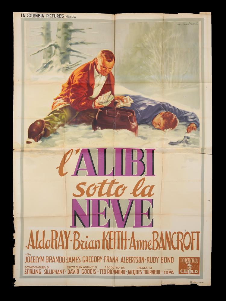 L'immagine riproduce uno dei manifesti conservati presso la Mediateca Regionale Pugliese (vedi Note). Si tratta di una delle versioni grafiche del manifesto del film "L'alibi sotto la neve", la cui illustrazione è a firma di Alfredo Capitani. Pittore di cinema del primo periodo, Capitani fondò uno studio nel 1919 per la realizzazione di manifesti pubblicitari e poi con Luigi Martinati una società per il lancio di pellicole cinematografiche. Il suo stile richiama quello di Ballester, con un uso di colori luminosi e sfumati con effetti di mirabile enfasi pittorica. Le sue rappresentazioni sono sempre originali, grazie all'uso di colori pieni arricchiti dalle loro variazioni tonali cangianti: si notino qui ad esempio, sui due protagonisti, le bellissime sfumature calde e b...