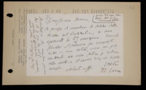 Nella cartolina Benedetto Croce istruisce Giovanni Laterza sulla spedizione delle bozze del volume di David Hume, lo ringrazia per le copie del suo volume di logica appena ricevute e lo invita a corrispondere il compenso a Giovanni Gentile e Giuseppe Prezzolini.