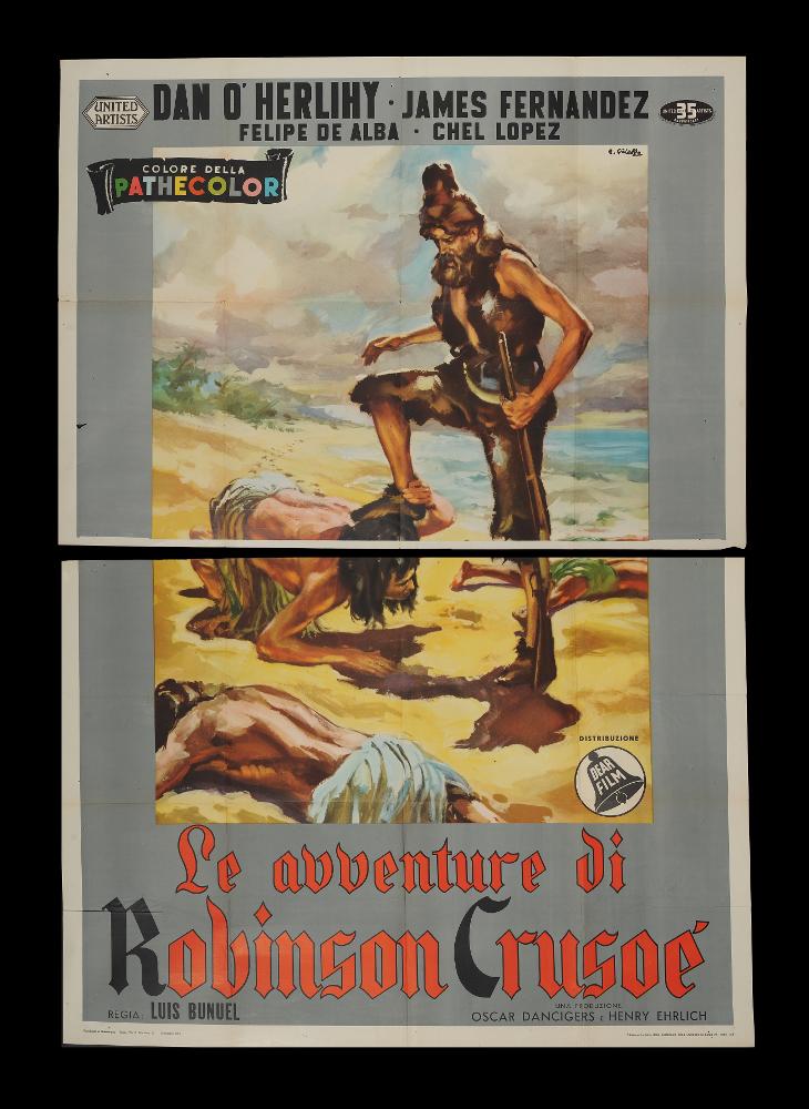 “Le avventure di Robinson Crusoe” (Robinson Crusoe) è un film del 1954 diretto da Luis Buñuel, su sceneggiatura di Daniel Defoe, Hugo Butler (conosciuto come Philip Ansell Roll) e Luis Buñuel. Tra i principali interpreti ricordiamo Dan O'Herlihy, James Fernandez, Felipe De Alba, Chel Lopez.
Il soggetto è tratto dai capitoli dell'omonimo romanzo di Defoe che narrano la vita del naufrago dall'arrivo fino alla partenza dall'isola deserta.
Il manifesto cinematografico è firmato dal celebre pittore di cinema Averardo Ciriello, milanese classe 1918. Il suo stile pittorico è colto, maturo e raffinato sia nei ritratti sia nelle scene in cui il colore è utilizzato in tutte le sue gamme, conferendo all’immagine una profonda carica narrativa.
Il manifesto originale è conservato ne...