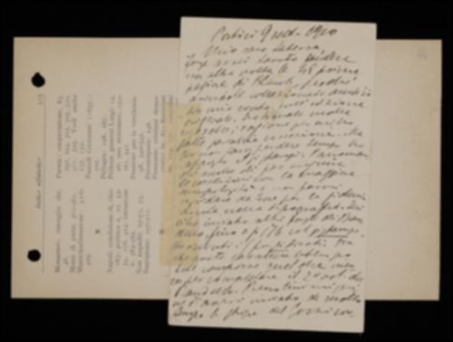 Nella cartolina, Fausto Nicolini comunica a Giovanni Laterza di avergli inviato licenziati per la stampa alcuni fogli del volume di Luigi Blanch, con correzioni da far apportare, e alcuni fogli del volume di Matteo Bandello, del secondo volume del quale raccomanda di far comporre quanto resta. Sollecita la spedizione dell'impaginato del volume di Carlo Gozzi, le cui strisce Giuseppe Prezzolini ha corretto da diverso tempo.