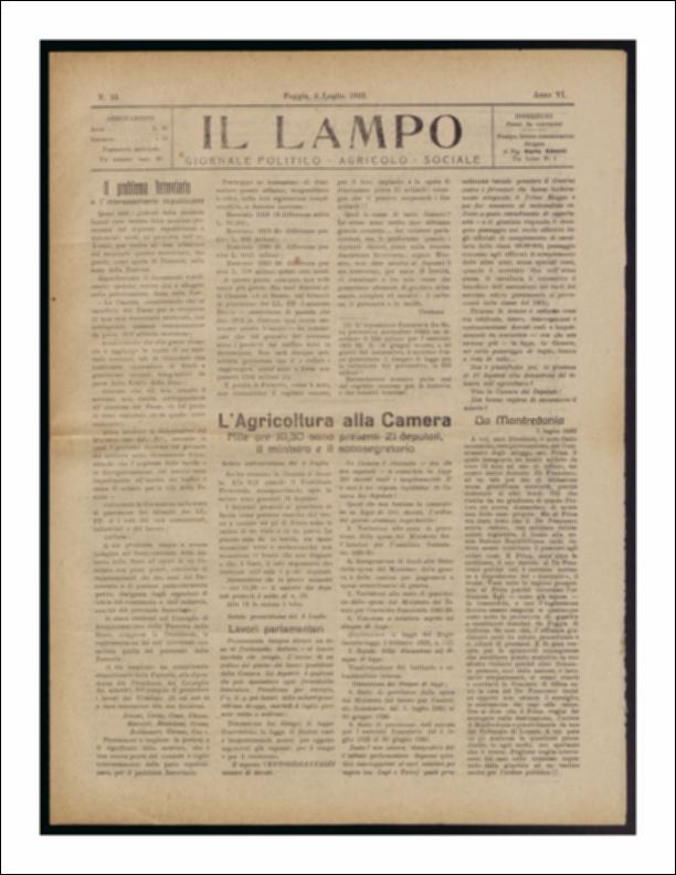 ll documento è parte della collezione del fondo libri digitalizzati della Biblioteca provinciale La Magna Capitana di Foggia, comprendente alcune monografie di diversi secoli e periodici del Novecento. Nello specifico si tratta del periodico “Il lampo – Giornale politico - agrario - sociale”, pubblicato il 6 luglio 1922. In prima pagina vi è un lungo articolo sul problema ferroviario nazionale e viene riportata la mozione presentata dai deputati repubblicani sardi, su proposta dell'onorevole Arcani, per cercare di trovare una soluzione al disagio. Segue il resoconto dell'ordine del giorno della seduta alla Camera dei deputati, riunitasi in data 4 luglio. In terza e quarta pagina vi è lo spazio riservato alla pubblicità che vediamo in una nuova veste rispetto al passato ...