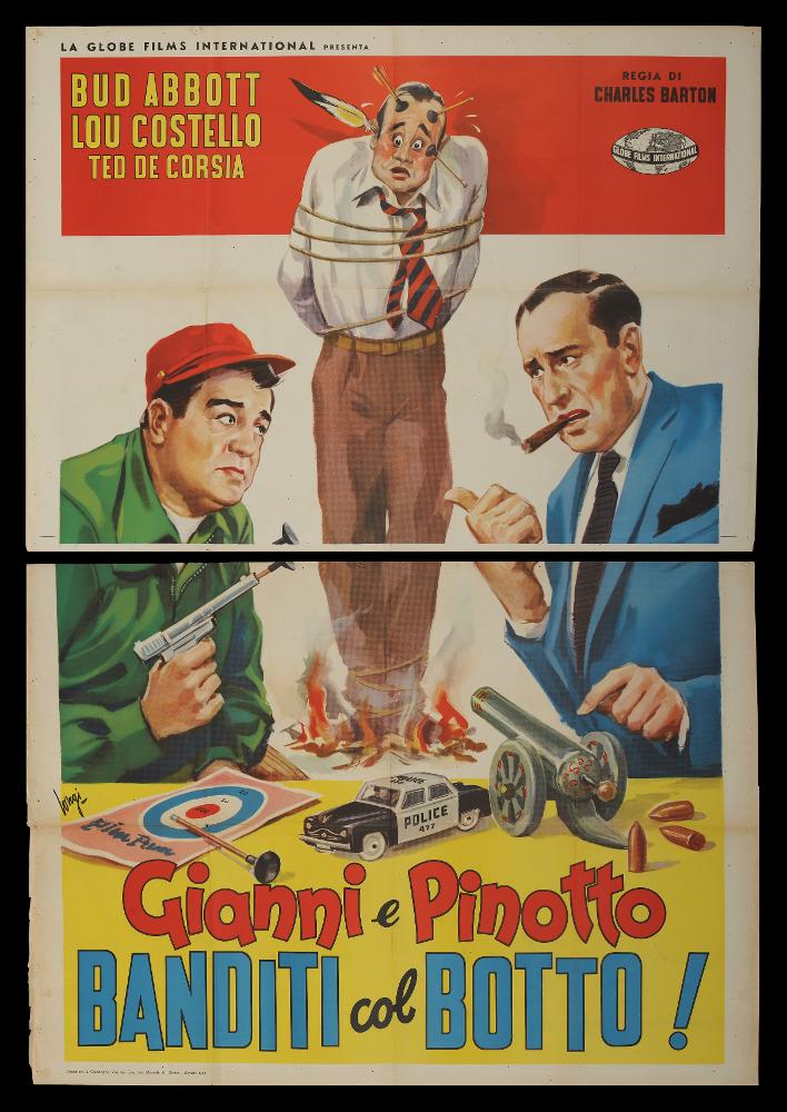 L'immagine riproduce uno dei manifesti conservati presso la Mediateca Regionale Pugliese (vedi Note). Si tratta di una delle versioni grafiche del manifesto del film “Gianni e Pinotto Banditi col botto!” del 1956 per la regia di Charles Barton a firma di Longi (Carloantonio Longi) come si evince dalla firma presente in basso sul lato destro. Illustratore e pittore versatile, Longi è stato tra i cartellonisti più produttivi del Novecento, sperimentando nella sua carriera diversi stili, dallo sfumato più classico degli anni Trenta, fino agli stili più contemporanei e lineari. La composizione è incentrata su Gianni e Pinotto ritratti quasi come cartoni animati, con colori molto vivaci e accostamenti forti come il rosso con il blu utilizzati per il lettering. Particolare la...