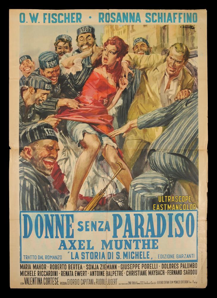 L'immagine riproduce uno dei manifesti conservati presso la Mediateca Regionale Pugliese (vedi Note). Si tratta di uno dei manifesti del film “Donne senza paradiso”, più precisamente “Donne senza paradiso - La storia di San Michele” del 1962 per la regia di Giorgio Capitani, Rudolf Jugert e Georg Marischka. La composizione grafica è a firma dell’illustratore Averardo Ciriello (A. Ciriello), come si evince dalla firma in alto a destra. Il pittore sin dagli esordi mostrò un linguaggio elaborato e uno stile pittorico colto e maturo, sia nel ritratto che nelle scene narrative come si può ben notare in questo manifesto. Centrale troviamo la figura femminile di Rosanna Schiaffino, attrice dalla bellezza prorompente, qui nei panni di Antonia, unica punta di colore vivo e acces...