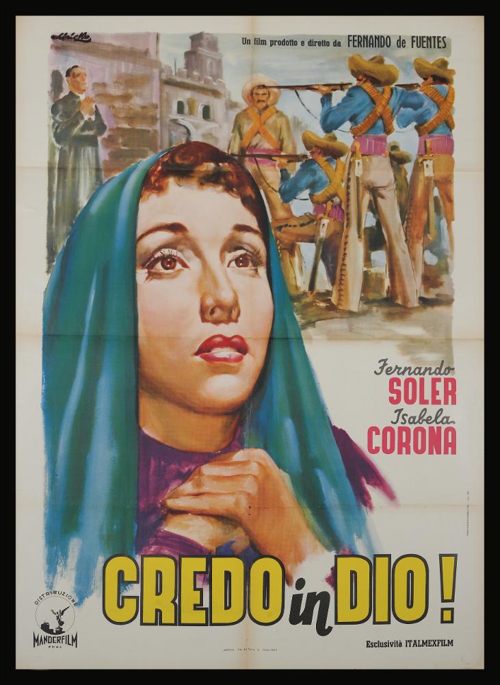 L'immagine riproduce uno dei manifesti conservati presso la Mediateca Regionale Pugliese (vedi Note). Si tratta di una delle versioni grafiche per il manifesto del film messicano "Credo in Dio!" del 1941 per la regia di Fernando De Fuentes. La firma che leggiamo in alto a sinistra è di Averardo Ciriello, pittore dal linguaggio elaborato e dallo stile pittorico colto e maturo, sia nel ritratto che nelle scene narrative. Ciriello seppe caratterizzare le sue opere con l'uso di sfumature volumetriche, tocchi di colore morbidi "emotivi", che denotano una comunicazione visiva chiara e coinvolgente. Si ricorda come tra i più importanti disegnatori per manifesti del cinema italiano. Iniziò a lavorare come pubblicitario presso l’agenzia 'Non plus ultra' a Milano e poi presso la ...