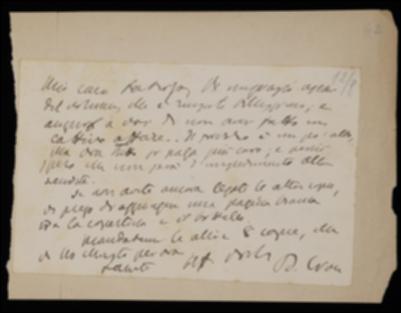 Nella cartolina, Benedetto Croce, ricevute alcune copie del suo volume di estetica, ringrazia Giovanni Laterza per la buona riuscita del lavoro, auspicando che non risulti un cattivo affare per il costo non basso; richiede poi la spedizione delle altre copie che gli spettano.