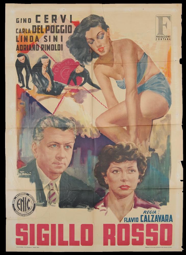 L'immagine riproduce uno dei manifesti conservati presso la Mediateca Regionale Pugliese (vedi Note). Si tratta del manifesto del film "Sigillo rosso", illustrato da Tarquini come si evince dalla firma. Tutta la composizione grafica si concentra su pochi colori e figure ben ordinate, organizzate nello spazio scandito dalle linee rosse che si concludono nel titolo, sempre in rosso. Belle le figure, soprattutto quella femminile sulla destra che determina la dinamicità della composizione artistica. Realistici i ritratti dei protagonisti (riconoscibile l'attore Gino Cervi), in stile più abbozzato e fumettistico la piccola scena drammatica in alto a sinistra....