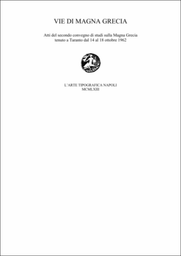 Il volume digitalizzato contiene gli Atti del secondo convegno di Studi sulla Magna Grecia, svoltosi a Taranto dal 14 al 18 ottobre 1961 e pubblicato a cura del Centro Studi della Magna Grecia dell'Università di Napoli e dell'Ente provinciale per il turismo di Taranto. Il convegno puntò il suo focus sulle "strade" e dei viaggi via mare e poi via terra che hanno portato influenze linguistiche e di costumi e i sostanziali cambiamenti economici e sociali nel tragitto dalla Grecia verso Roma e verso l'Etruria. Il convegno evidenziò che durante il periodo della colonizzazione greca non esisteva in Italia meridionale un sistema di viabilità regolare e stabile. Solo con la conquista della Magna Grecia da parte dei Romani, tra la fine del IV e l'inizio del III sec. a.C. si poté...