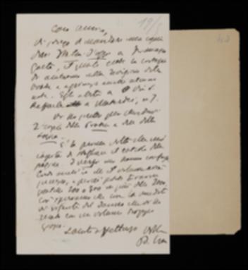 Nel ribadire una richiesta di copie dei suoi volumi di logica e di filosofia della pratica, Benedetto Croce prega Giovanni Laterza di spedire una copia del volume di Bolton King e Thomas. Okey a Francesco Gaeta. Il filosofo, tornando ad ammettere l'errore nel calcolo delle pagine del suo volume sui lirici marinisti, auspica che l'ampia diffusione prevista compensi il danno causato dalla stampa delle oltre cinquecento pagine.