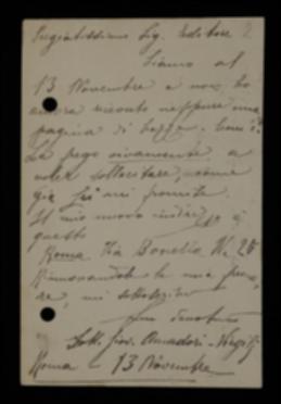 Nella cartolina, Giovanni Amadori Virgilj si lamenta con l'editore per non aver ancora ricevuto le bozze del volume "L'istituto famigliare nelle società primordiali" e chiede di sollecitarne l'invio.