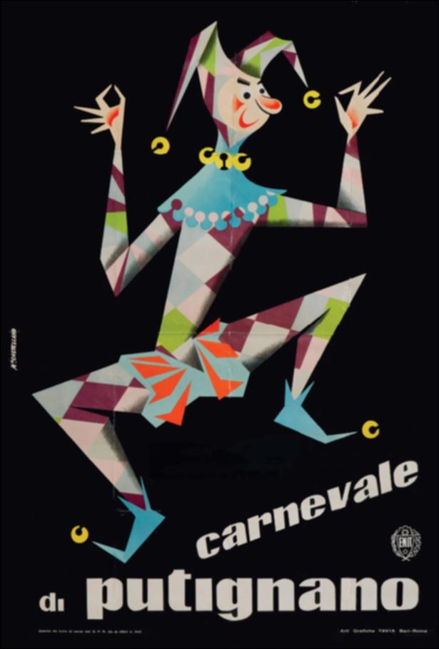 Questo poster è il primo manifesto ufficiale del Carnevale di Putignano, disegnato nel 1953 dalla penna di Mimmo Castellano, uno dei più importanti esponenti della graﬁca italiana negli anni ’50-’60-’70.
Quando fu chiesto a Castellano di occuparsi della progettazione di questo manifesto, il disegnatore trovò ispirazione in un personaggio putignanese molto popolare: Farinella, un contadino, povero e ubriacone ma gioioso, soprannominato proprio “A’ Far’nod” (Farinella), con un nome preso a prestito da un piatto tipico della cucina putignanese, una farina finissima ricavata da ceci e orzo abbrustoliti.
Castellano, nel concepire la nuova maschera carnascialesca, immaginò la fusione tra un arlecchino e un jolly, col tipico cappello a tre punte e i campanelli, col volto rubiz...