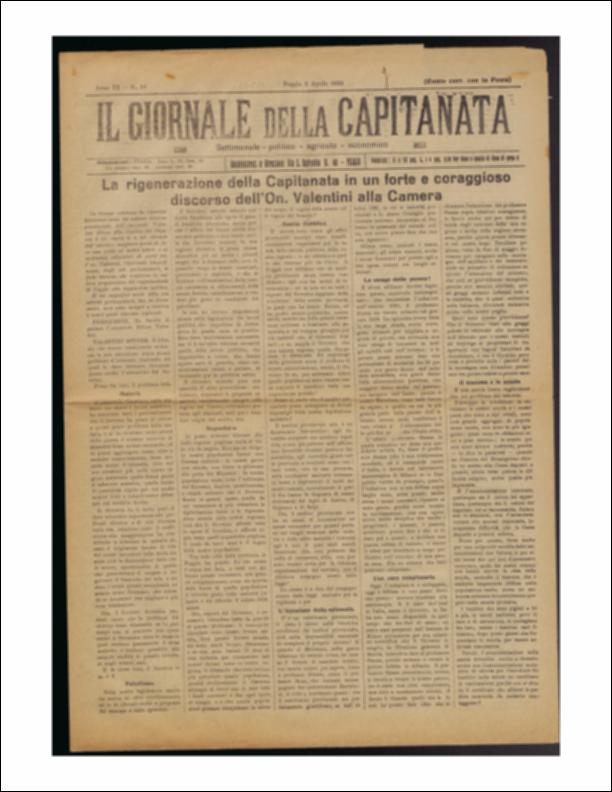 Il documento è parte della collezione del fondo libri digitalizzati della Biblioteca provinciale La Magna Capitana di Foggia, comprendente alcune monografie di diversi secoli e periodici del Novecento. Nello specifico si tratta del decimo numero del periodico “Il Giornale della Capitanata. Settimanale politico agricolo economico” del 2 aprile 1922. Il settimanale si apre con alcuni estratti del "forte e coraggioso discorso dell'onorevole Valentini alla Camera" in merito a questioni che riguardarono la Capitanata, invocando l'attenzione del Governo. Primo fra tutti il problema della malaria. Si evince dall'articolo che lo Stato diede molta importanza alla profilassi chimica, quando la riduzione dei casi di infezione e delle morti prima della guerra fosse avvenuta per un ...