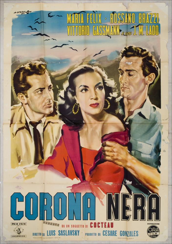 L'immagine riproduce uno dei manifesti conservati presso la Mediateca Regionale Pugliese, esaminati in "Cinema al muro: Angelo Cesselon" (vedi Note). Il manifesto raggruppa nella parte mediana l'effigie dei tre protagonisti del film. I loro primi piani sono colti con straordinaria verosimiglianza. L'immagine della Felix è posta al centro dei due uomini che hanno caratterizzato la sua vita: il marito e l'amante interpretati, rispettivamente, da Lado e Gassman. Entrambi gli uomini sono posti dietro la donna e la guardano con espressione diversa: il marito ha lo sguardo languido, è vestito in modo sobrio ed elegante (l'artista lo dipinge con la cravatta, elemento che sottolinea lo stato sociale), mentre l'amante guarda la donna con un atteggiamento di passione e possession...