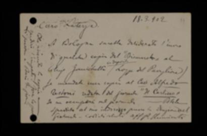 Nella cartolina, Pietro Chimienti chiede a Laterza di mandare spedire copie al libraio Zanichelli di Bologna e ad Alfredo Testoni, redattore del "Resto del Carlino".