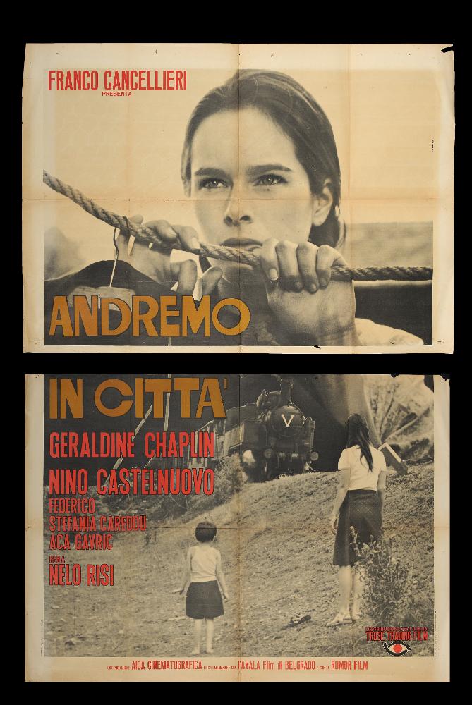 L'immagine riproduce uno dei manifesti conservati presso la Mediateca Regionale Pugliese (vedi Note). Si tratta del manifesto del film "Andremo in città", senza firma, di cui si conserva in collezione anche la locandina a firma di Tarantelli. La composizione si basa esclusivamente su una fotografia di scena in bianco e nero, con un ritratto intenso e drammatico di Geraldine Chaplin, espressione di un film che narra le vicende drammatiche di una famiglia durante la Seconda Guerra Mondiale....