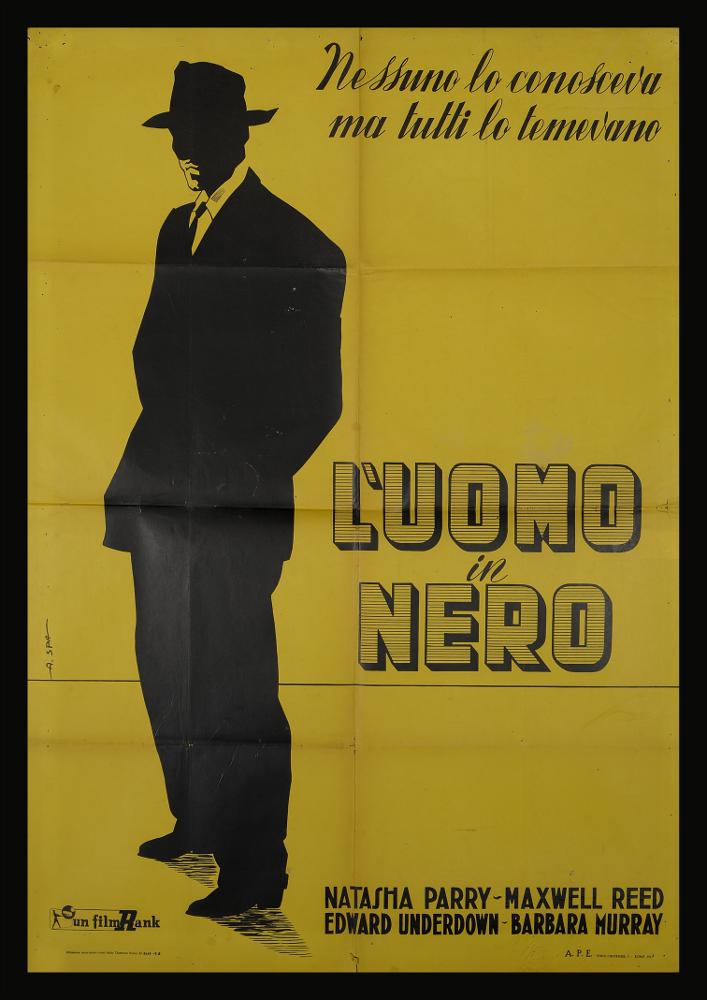 L'immagine riproduce uno dei manifesti conservati presso la Mediateca Regionale Pugliese (vedi Note). Si tratta di una delle versioni grafiche per il manifesto del film in bianco e nero "L’uomo in nero" del 1951 per la regia di Jeffrey Dell. La firma che leggiamo sul lato a sinistra appartiene all’illustratore Spagnoli A. (probabilmente Angelo) che compone in maniera molto semplice la grafica di questo manifesto utilizzando solo due colori, un giallo senape per lo sfondo e il nero per rappresentare l’uomo, il protagonista del film, immortalato a figura intera, con mani in tasca, vestito elegante, addirittura con il cappello e illuminato solo sulla bocca. Spagnoli utilizza spesso una rappresentazione minimale del racconto, pochissimi elementi, spesso solo uno che monopol...