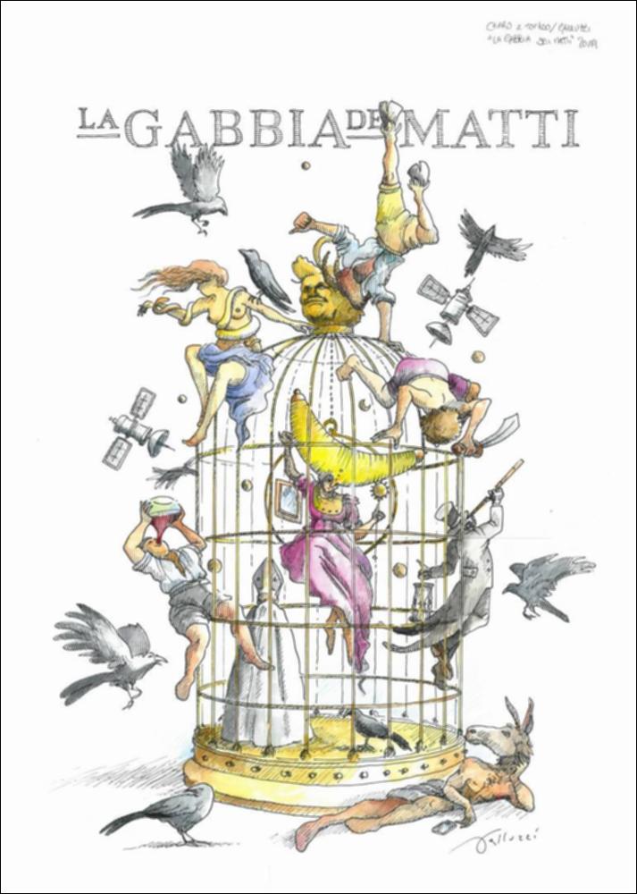 Per l’edizione 2019, “Satira e libertà” sono i temi ispiratori scelti dalla fondazione Carnevale di Putignano per la realizzazione dei carri allegorici.
L'Associazione "Chiaro e Tondo", per il suo carro, si ispira a uno dei più celebri aforismi di Tommaso Campanella: «Gabbia de’ matti è il mondo».
Con riferimento alla stampa di Giuseppe Maria Mitelli del 1684, con l'allegoria della follia del mondo, delle sue vanità fatue e dei vizi umani, prende forma una gabbia dorata, affollata da figure allegoriche e rappresentazioni simboliche in movimento, che evoca un’atmosfera felliniana.
Al centro della gabbia una donna si dondola vanitosamente su un’altalena, reggendo in mano uno specchio e un fiore. Attorno a lei si posizionano gli altri personaggi: in cima una figura femmini...