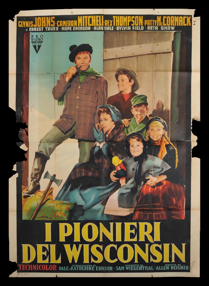 L'immagine riproduce uno dei manifesti conservati presso la Mediateca Regionale Pugliese (vedi Note). Si tratta di uno dei manifesti del film “I pionieri del Wisconsin” del 1957 per la regia di Allen Reisner. Il manifesto si presenta lacerato sui lati, soprattutto sul lato sinistro, ma resta integra la composizione grafica. La firma che leggiamo sul lato a sinistra appartiene all’illustratore bolognese G. Olivetti (Giorgio Olivetti). Classe 1908, Olivetti caratterizza le sue prime opere da uno stile morbido, sfumato, fatto di acquerelli delicati che rendono il volume anche grazie ad un uso sapiente dei chiaroscuri. Questa di Olivetti sembra essere una classica fotografia scattata per immortalare in maniera plastica la felicità di una famiglia. Si può notare come infatti...