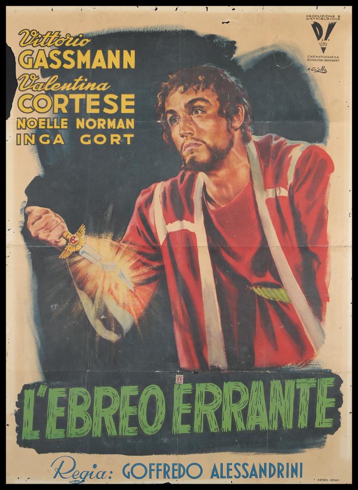 L'immagine riproduce uno dei manifesti conservati presso la Mediateca Regionale Pugliese (vedi Note). Ciriello firma l'illustrazione per "L'ebreo errante", film italiano degli anni '40, immaginando una composizione in cui si evince la sua grande abilità artistica da ritrattista. Il manifesto mette in risalto così la bella figura, unica e sola, di Vittorio Gassman, l'ebreo condannato a vivere per sempre e senza trovare pace. L'aspetto magico del personaggio e del film si nota nella spada che Ciriello illumina magistralmente con pennellate dorate. Per il suo stile personale infatti, l'artista ha sempre prediletto pennellate veloci, vibranti e dai toni cupi, per raccontare atmosfere e personaggi drammatici, qui accentuate da un uso del lettering dinamico, dalle linee spezz...