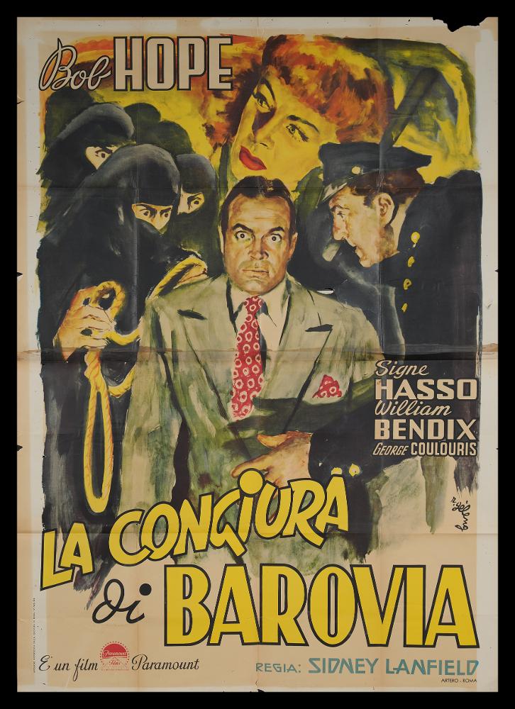 L'immagine riproduce uno dei manifesti conservati presso la Mediateca Regionale Pugliese (vedi Note). Si tratta di una delle versioni grafiche per il manifesto del film "La congiura di Barovia", film comico americano degli anni ’40, a firma di Rinaldo Gèleng. Artista poliedrico ed eclettico, dopo gli studi d'arte, visse e lavorò per molti anni a Parigi, poi a Milano dove realizzò una serie di copertine per Mondadori e infine a Roma, dove realizzò alcuni manifesti per i film di Fellini. Il suo stile fresco e pittorico è fatto di pennellate liquide e sfumate, con spunti grafici originali, composizioni personali, in cui rivela la sua dote di ritrattista. È la seconda composizione realizzata dall'artista per il film, di cui si conserva anche l'altra versione. Si può notare ...