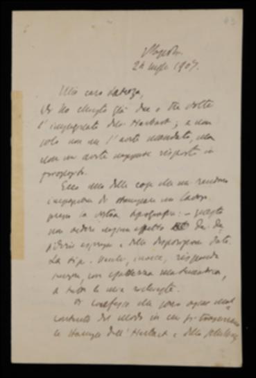 Nella lettera, Benedetto Croce sollecita Laterza ad inviargli le bozze dei volumi di Johann F. Herbart e Friedrich W.J. Schelling e lo invita a scrivere a Tommaso Gnoli, di cui allega lettera, per dargli un termine perentorio per la consegna del manoscritto del volume di Karl Vossler. Il filosofo chiude esprimendo meraviglia per il rifiuto di Alessandro D'Ancona, professore di letteratura italiana presso l'Università di Pisa, a recensire il volume di Vittorio Imbriani.