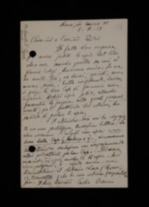 Nella cartolina, Paolo Orano chiede a Laterza altre dodici copie del volume per sé. Informa l'editore di aver ricevuto i ringraziamenti del Ministro Nasi e lo invita ad inviare a sua volta una copia di modo da ricevere uguali ringraziamenti, che darebbero prestigio alla casa editrice.