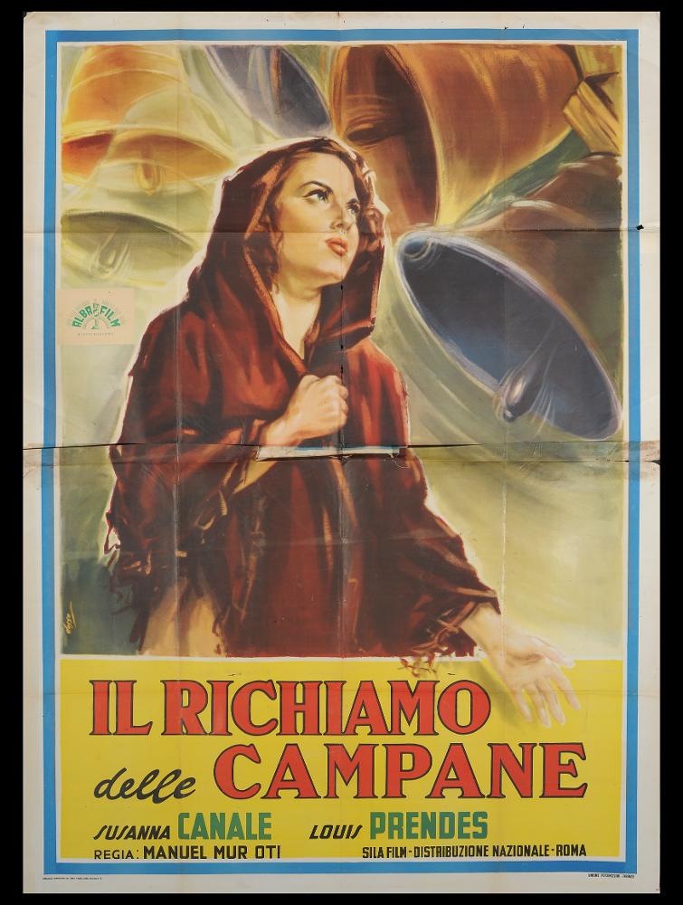L'immagine riproduce uno dei manifesti conservati presso la Mediateca Regionale Pugliese (vedi Note). Si tratta di una delle versioni grafiche del manifesto del film “Il richiamo delle campane", conosciuto anche come "Il miracolo delle campane" o "Cielo negro" a firma di Dosso. La composizione, rispetto all'altra sempre a firma di Dosso qui in collezione, rivela una tecnica pittorica e una espressione narrativa più intense e abili, che seppur in chiave moderna con pennellate rapide ma ben composte dalle tonalità calde, richiama un certo classicismo iconografico. Tutto l'insieme è arricchito dal movimento delle campane, esplicito richiamo al titolo del film....