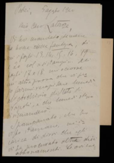 Inviando a Giovanni Laterza alcuni fogli di una commedia di Giambattista Della Porta licenziati per la stampa e restando in attesa di un'ulteriore prova di altri fogli, Fausto Nicolini accusa ricezione delle seconde bozze di Traiano Boccalini, ma attende le terze, sulle quali soltanto potrà verificare l'opera di revisione di Achille Pellizzari; si complimenta poi per la rapidità con cui la tipografia ha composto un intero volume di Matteo Bandello. Si riferisce inoltre che Vincenzo Spampanato, avendo procurato diversi abbonamenti, chiede se siano sufficienti per essere esentato dal corrispondere il proprio, diversamente il necessario potrà essere ritenuto del suo compenso di curatore; altra quota potrà essere ritenuta come acconto per l'acquisto di libri da lui effettua...