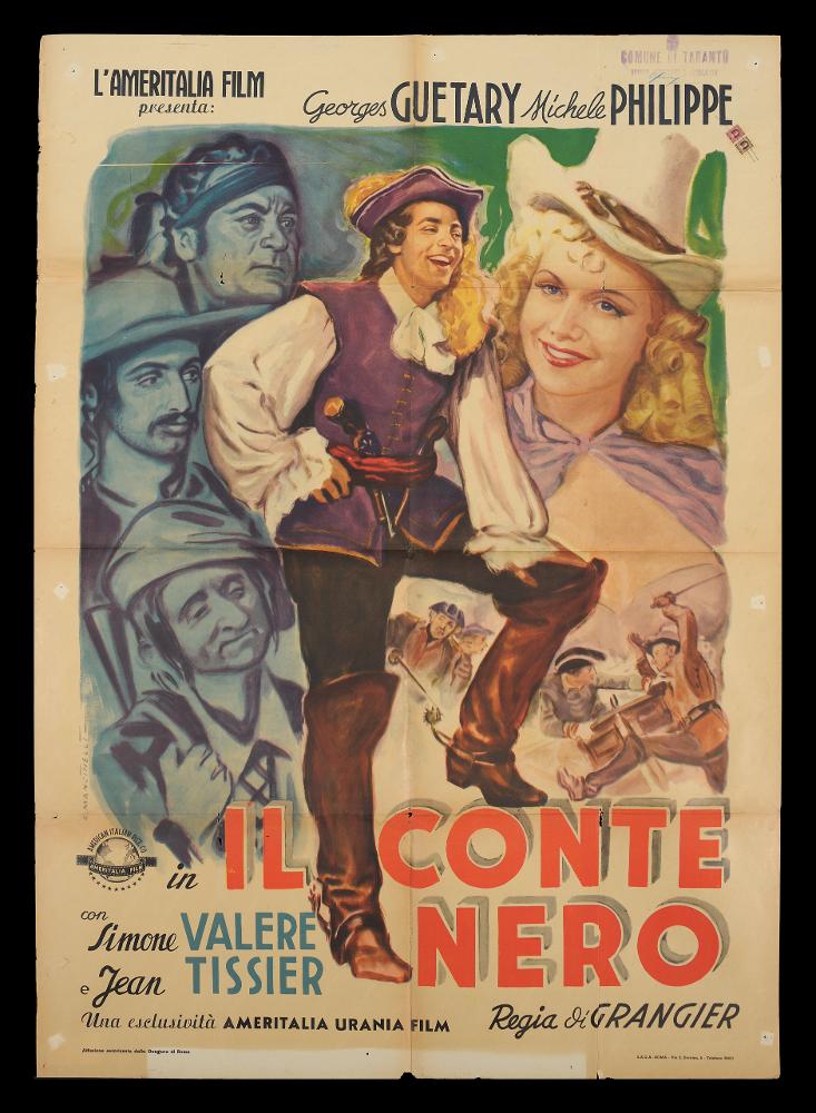 L'immagine riproduce uno dei manifesti conservati presso la Mediateca Regionale Pugliese (vedi Note). Si tratta del manifesto del film “Il conte nero” del 1944 per la regia di Gilles Grangier. R. Mancinelli. Le poche notizie sull'autore lo descrivono un artista formatosi come illustratore di cartoline cinematografiche, che ha proseguito poi la carriera come illustratore di manifesti. La composizione in oggetto mette in risalto le doti artistiche dell’autore che riesce a rendere, attraverso l’uso di colori brillanti e netti, una impostazione dal taglio moderno ed originale, fatto di più scene da osservare. Al centro ritroviamo a figura intera il protagonista maschile riconoscibile per le vesti che ne denotano il rango nobiliare. Alla sua sinistra sono rappresentati tre v...