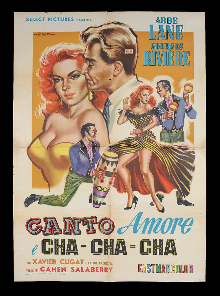 L'immagine riproduce uno dei manifesti conservati presso la Mediateca Regionale Pugliese (vedi Note). Si tratta della versione grafica realizzata per il manifesto del film "Canto, amore e cha-cha-cha", a firma di Symeoni. Noto per essere uno dei pittori di cinema più prolifici, Sandro Symeoni si distinse per una grande pittoricità, un gusto originale basato sulla bellezza formale, soprattutto femminile, e più tardi per composizioni moderne basate su ritmi spezzati e drammatici. Realizzata alla metà degli anni '50 per il musical spagnolo, l'illustrazione pittorica in oggetto si caratterizza per un linguaggio visuale moderno, una pittura vellutata e morbida, dai tratti ben definiti e chiaroscuri luminosissimi. La protagonista femminile della cantante e attrice statunitens...