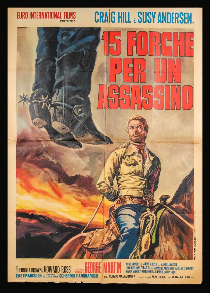 L'immagine riproduce uno dei manifesti conservati presso la Mediateca Regionale Pugliese (vedi Note). Si tratta di una delle versioni grafiche per il manifesto del film in bianco e nero “15 forche per un assassino” del 1968 per la regia di  Nunzio Malasomma. La firma che leggiamo appartiene a Renato Casaro, tra i maggiori rappresentanti della grafica e del manifesto del secondo dopoguerra. L'artista fu ispirato dall'arte del noto pittore di cinema Angelo Cesselon, il primo pittore ad utilizzare, per i manifesti cinematografici, un nuovo linguaggio che dà maggiore importanza ad una grande scena, ad un ritratto per raccontare una storia. Casaro è noto per essere stato un autodidatta che riuscì tuttavia ad acquisire competenze e abilità riconoscibili, come l’uso dell’aerog...