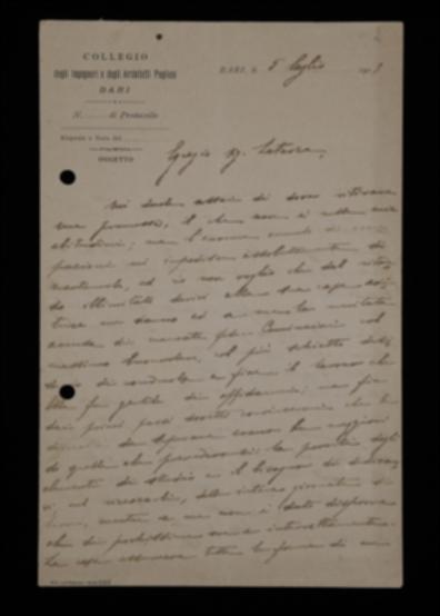 Nella lettera, Luigi Sylos comunica all'editore la propria decisione di non continuare nella stesura del volume "Guida di Bari e provincia" a causa dei molteplici impegni che lo assorbono.