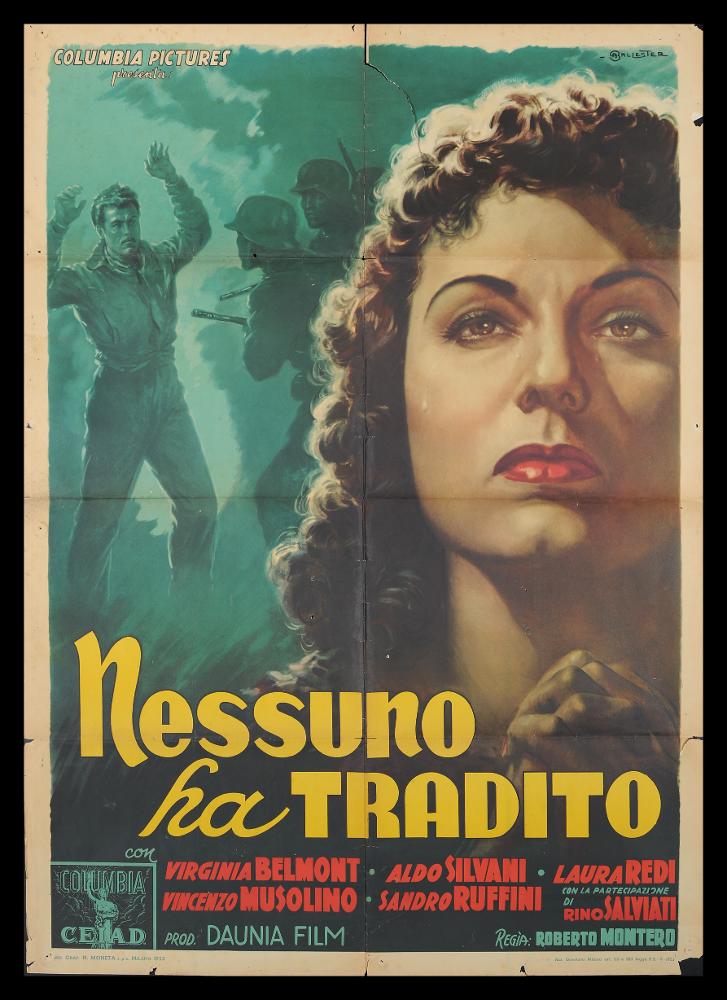L'immagine riproduce uno dei manifesti conservati presso la Mediateca Regionale Pugliese (vedi Note). Si tratta di una delle versioni del manifesto del film "Nessuno ha tradito", a firma di Anselmo Ballester (Ballester). Classe 1897, spagnolo di origine, è considerato uno dei capostipiti della pittura di cinema, formatosi presso lo studio pubblicitario dedicato al cinema fondato dal padre Federico insieme a Martinati e Capitani, il primo assoluto in Italia. Le opere più famose di Ballester sono composte di atmosfere nebbiose ed effetti drammatici, colori cupi e tonali. Per il manifesto in oggetto, Ballester realizza un ritratto bellissimo della protagonista quasi a tutta pagina che esalta la drammaticità del film, fatto di una intensità realistica e raffinata, ricca di ...