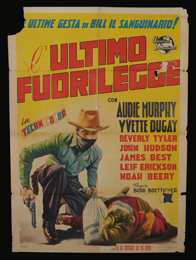 L'immagine riproduce uno dei manifesti conservati presso la Mediateca Regionale Pugliese (vedi Note). Si tratta di una delle versioni grafiche per il manifesto del film western "L’ultimo fuorilegge" del 1951 per la regia di Budd Boetticher, a firma di E. Nist., iniziali che possono indurre ad associarle al più noto Enzo (Lorenzo) Nistri, ma che nessuna fonte può confermare. La composizione si contraddistingue per il realismo dei personaggi rappresentati e per l'unione di elementi decorativi e comunicativi come il grande titolo in alto e le informazioni sugli attori, che diventano parti integranti dell'insieme....