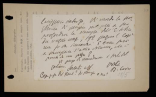 Nella cartolina, Benedetto Croce prega Giovanni Laterza di sollecitare la stampa del suo volume di estetica e del volume di Immanuel Kant. Infine, gli chiede di spedirgli le bozze del volume di Ferdinando Galiani.