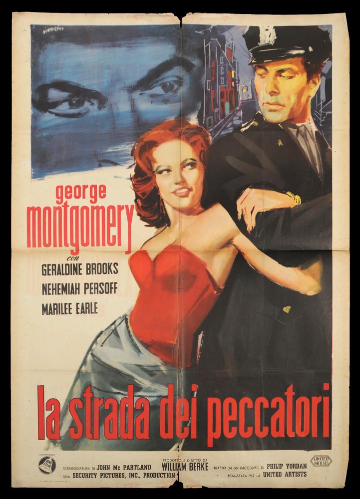 L'immagine riproduce uno dei manifesti conservati presso la Mediateca Regionale Pugliese (vedi Note). Si tratta del manifesto del film "La strada dei peccatori", la cui composizione artistica è a firma di Manfredo Acerbo (Manfredo). Abruzzese di nascita, si forma a Roma all'Accademia di Belle Arti. La sua carriera lavorativa lo vede insegnante di pittura, grafico e illustratore per il cinema. Il suo stile si contraddistingue da un segno grafico espressionista, dall'accostamento del nero a colori accesi e da una composizione fatta di macchie e pennellate rapide, molto contemporanee, che certamente lo distingueranno dagli altri pittori di cinema, rendendolo inequivocabilmente riconoscibile. Le forme delle figure e dei personaggi sono così, come in altri lavori, frammentat...