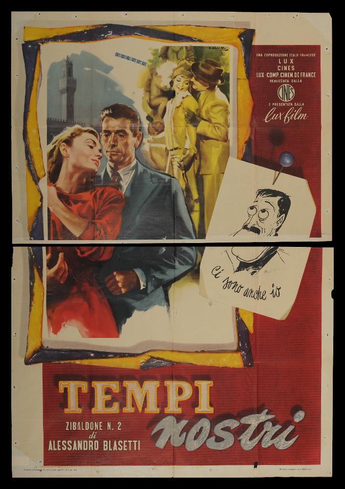 L'immagine riproduce uno dei manifesti conservati presso la Mediateca Regionale Pugliese (vedi Note). Si tratta, nello specifico di una delle versioni grafiche del manifesto del film in bianco e nero “Tempi nostri (Zibaldone n.2)”, del 1954 per la regia di Alessandro Blasetti. L’illustratore del manifesto è Averardo Ciriello (A. Ciriello), come si evince dalla firma in alto a destra. Il pittore da subito mostrò un linguaggio elaborato e uno stile pittorico colto e maturo, sia nel ritratto che nelle scene narrative. Il colore e le sfumature volumetriche hanno sempre caratterizzato le sue opere, i suoi tocchi di colore morbidi sono "emotivi" e denotano una comunicazione visiva chiara e coinvolgente. Potremmo definire lo spazio compositivo un manifesto nel manifesto, quasi...