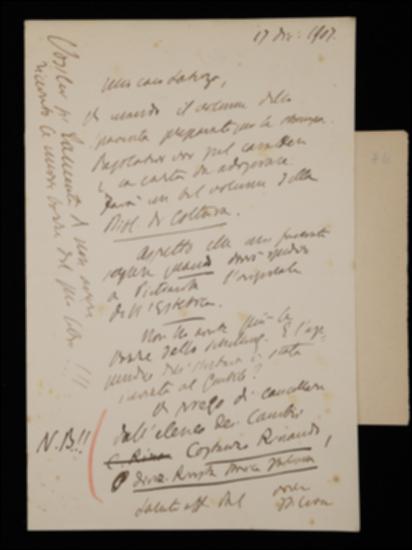 Comunicato l'invio del manoscritto del volume di Bertrando Spaventa, nella lettera Benedetto Croce chiede a Giovanni Laterza quando potrà spedire il manoscritto del proprio volume sull'estetica; chiede inoltre informazioni sulle bozze dei volumi di Friedrich W.J. Schelling, Johann F. Herbart e Karl Vossler e prega l'editore barese di cancellare Costanzo Rinaudo, della direzione della "Rivista storica italiana" dalla lista cambi de "La Critica".