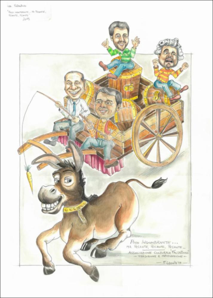 Per l'anno 2015 il tema ispiratore dei carri allegorici scelto dalla Fondazione Carnevale di Putignano è "I vizi capitali".
Il bozzetto realizzato dall’ Associazione culturale “Falsabuco” Gruppo Decataldo rappresenta il vizio della superbia. In primo piano c’è un grande mulo, allegoria degli italiani, stanco di rimorchiare il traino che trasporta alcuni politici: il presidente del Consiglio Matteo Renzi e l’onorevole Silvio Berlusconi. Dietro ci sono due figure importanti dell’opposizione: Beppe Grillo, leader del Movimento 5 Stelle, e l’onorevole Matteo Salvini, leader della Lega Nord. 
A firma di Lippolis una vignetta caricaturale con l’uso di matita e pennarelli con un’attenzione al dettaglio per i ritratti dei personaggi politici rappresentati. ...