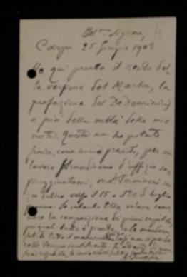 Nella cartolina, Angelo Scuppa propone a Laterza l'invio del manoscritto e della prefazione per cominciare la stampa, benché le note non siano complete.