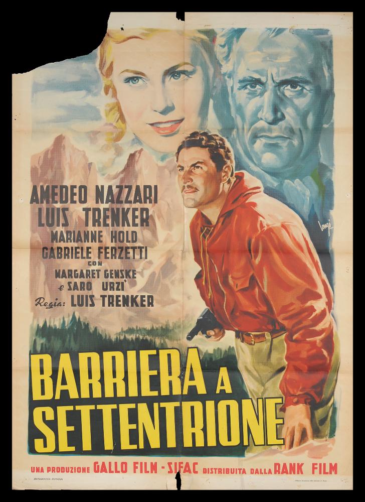 L'immagine riproduce uno dei manifesti conservati presso la Mediateca Regionale Pugliese (vedi Note). Si tratta del manifesto del film "Barriera a settentrione", a firma di Longi. L'impostazione grafica, elegante e dai toni caldi, è tipica del Longi. Il forte realismo dei volti è una caratteristica del pittore, che iniziò la carriera artistica come ritrattista per poi dedicarsi all'attività di illustratore e cartellonista cinematografico per circa 20 anni, firmando molte opere per i più noti film dell'epoca, fino alla sua morte, avvenuta prematuramente all'età di 59 anni. Della sua attività di cartellonista si conservano però un cospicuo numero di lavori, tavole e bozzetti originali e una serie di fotografie e di materiali documentari, testimonianza dei rapporti che Lon...