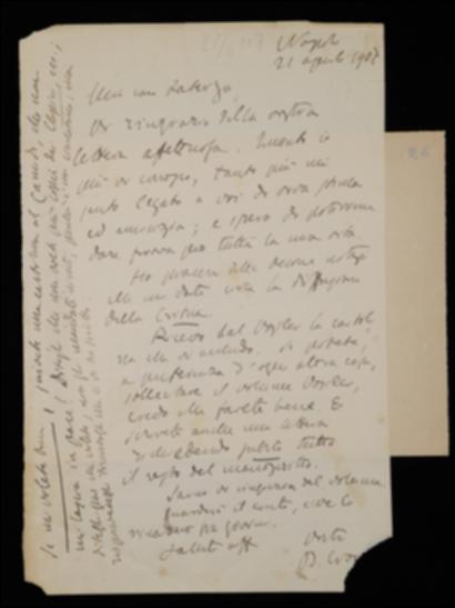 Nella lettera, Benedetto Croce esprime a Laterza soddisfazione per la buona diffusione del suo periodico e lo invita a sollecitare la stampa del volume di Karl Vossler, del quale allega una cartolina. Lo prega inoltre di rispondere alla richiesta di Ricciotto Canudo.