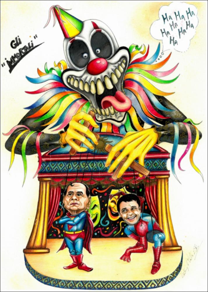 L’edizione 624 del Carnevale di Putignano 2018 ha designato come tema dell’anno “Gli eroi”, e i maestri cartapestai si sono messi in gioco con la loro consueta creatività, sapiente tecnica e fervida passione per la realizzazione dei giganteschi carri allegorici.
Il bozzetto dal titolo “Gli Immortali”, dell’Associazione Culturale “Carta&Colore” dei maestri Paolo e Vito Mastrangelo, è un’opera esemplare di satira politica e sociale.
I due supereroi dell'immortalità sono rappresentati come marionette nelle mani di un’enorme maschera scheletrica che li manovra e nello stesso tempo si fa beffe di loro. “Gli immortali” sono il Cavalier Berlusconi, Superman della politica italiana, e Matteo Renzi, un Uomo Ragno capace di arrampicarsi su qualsiasi superficie.
La grande maschera...