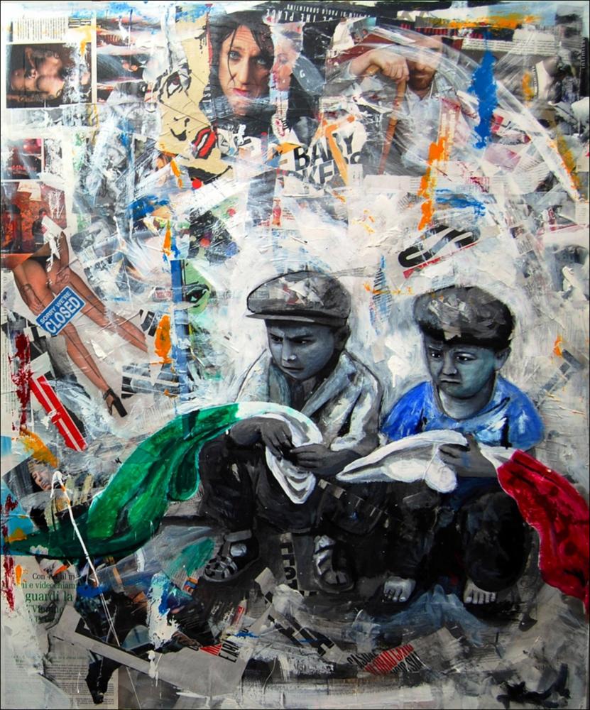 L'opera, riprodotta in formato digitale, è parte della serie “Story” del giovane artista pugliese Vincenzo Mascoli. Le opere di Mascoli seguono da anni il filone contemporaneo del neo-pop, per il quale l'artista si sta distinguendo non solo nel panorama artistico locale, ma anche nazionale. Nelle sue creazioni evidente è l'uso costante e convinto della tecnica mista, basata principalmente sulla commistione tra pittura e collage. La serie “Story” è contraddistinta principalmente da ritratti di bambini, su uno sfondo composto da molteplici e numerosissimi ritagli di giornali: parole, lettere, personaggi della cronaca, della politica e del mondo dello spettacolo, loghi, notizie, ordinati e riutilizzati in modo tale da rendere una visione sfaccettata, caotica e frenetica de...