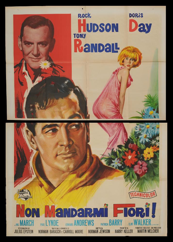 Non mandarmi fiori! (Send Me No Flowers) è un film del 1964, diretto da Norman Jewison, basato sulla commedia teatrale di Norman Barasch e Carroll Moore, già in scena a Broadway nel 1960.
La sceneggiatura è di Julius J. Epstein, Norman Barasch e Carroll Moore. Tra i principali interpreti ricordiamo Rock Hudson, Doris Day e Tony Randall.
Il manifesto cinematografico è opera del celebre pittore di cinema Renato Casaro, uno tra i maggiori rappresentanti della grafica e del manifesto. Nato a Treviso nel 1935 comincia la sua carriera artistica da autodidatta ma in breve arriva a sviluppare un proprio stile di grande eleganza e raffinatezza formale. Tecniche diverse si mescolano nel suo linguaggio innovativo che si caratterizza sia per l’uso del pennello sia per quello dell’a...