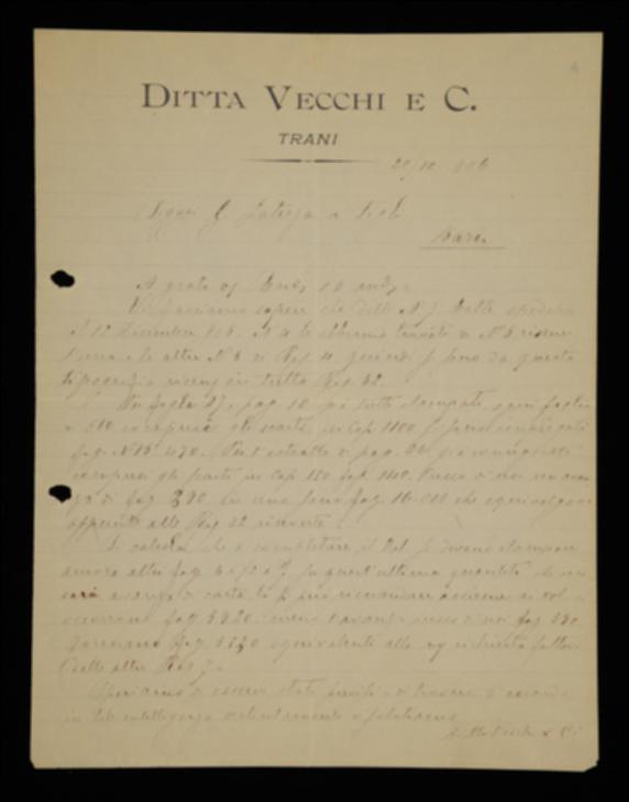 Con la lettera, la Tipografia Valdemaro Vecchi sollecita Laterza a spedire altra carta per completare la stampa di un volume che non viene identificato.