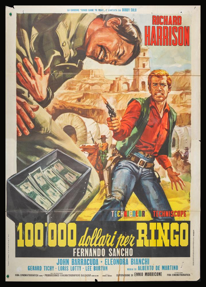 L'immagine riproduce uno dei manifesti conservati presso la Mediateca Regionale Pugliese (vedi Note). Si tratta di una delle versioni grafiche del manifesto del film western “100.000 dollari per Ringo” del 1965 per la regia di Alberto De Martino a firma di Casaro (Renato Casaro) come si evince dalla firma presente in basso a destra. Tra i maggiori rappresentanti della grafica e del manifesto, Casaro adottò come modello Angelo Cesselon, il primo pittore ad utilizzare, per i manifesti cinematografici, un nuovo linguaggio che dà maggiore importanza ad una grande scena, ad un ritratto per raccontare una storia. Casaro è noto per essere stato un autodidatta che riuscì tuttavia ad acquisire competenze e abilità riconoscibili, come l’uso dell’aerografo e legami con le correnti...